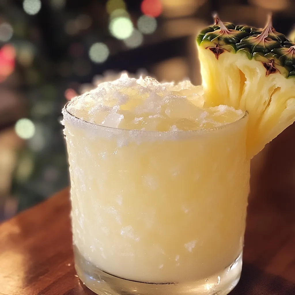 A glass of Snowy Pineapple Punch garnished with whipped cream, shredded coconut, and a pineapple wedge.