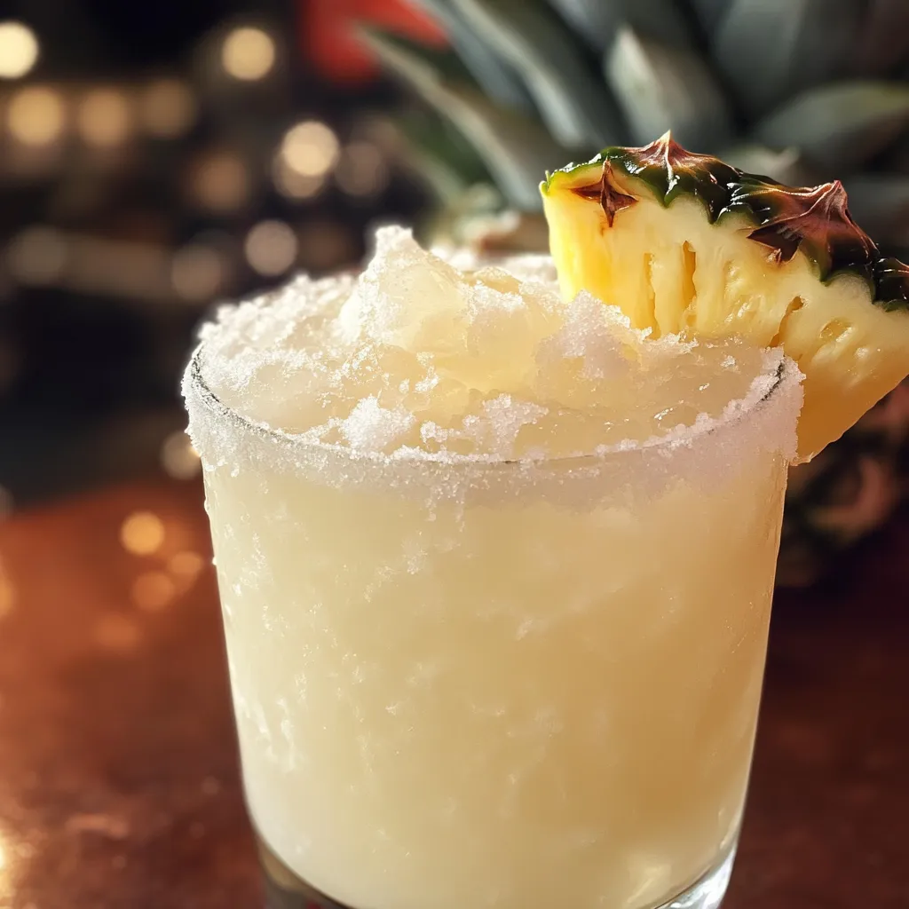 A glass of Snowy Pineapple Punch garnished with whipped cream, shredded coconut, and a pineapple wedge.