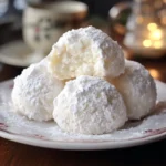 Sweetened Condensed Milk Snowballs coated in coconut on a tray.