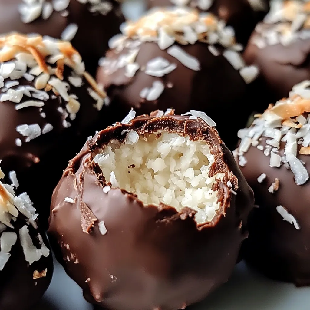 Close-up of No-Bake Coconut Cream Balls, coated in chocolate, placed on parchment paper with a sprinkle of shredded coconut on top.