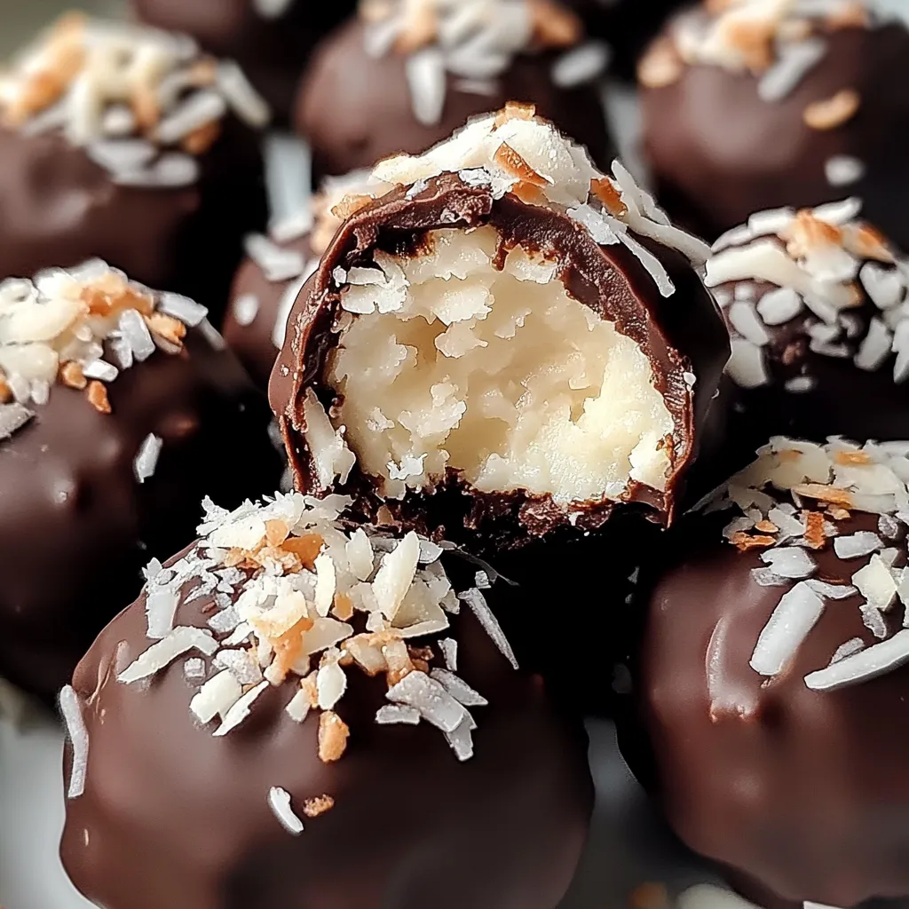 Close-up of No-Bake Coconut Cream Balls, coated in chocolate, placed on parchment paper with a sprinkle of shredded coconut on top.