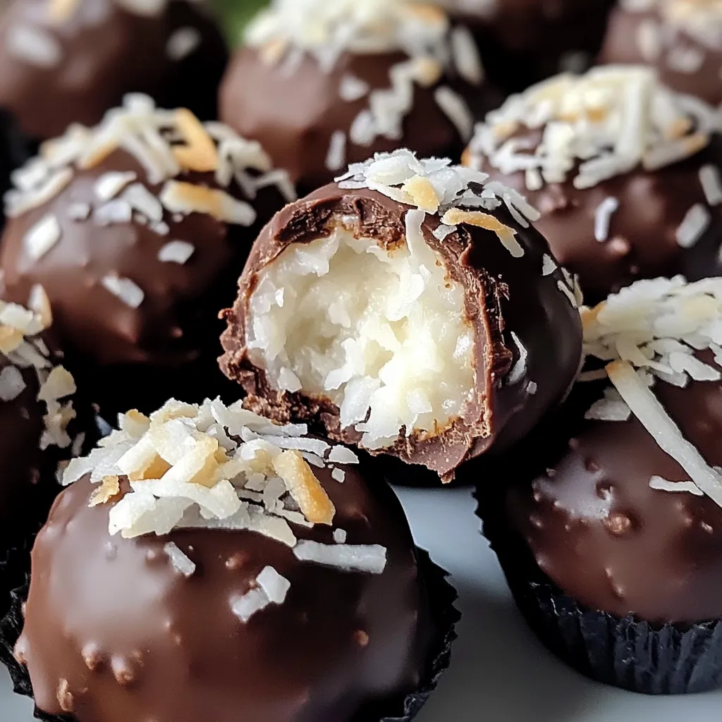 Close-up of No-Bake Coconut Cream Balls, coated in chocolate, placed on parchment paper with a sprinkle of shredded coconut on top.