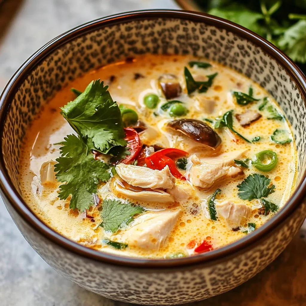 A bowl of Tom Kha Gai, a creamy Thai coconut chicken soup garnished with fresh cilantro and lime wedges.