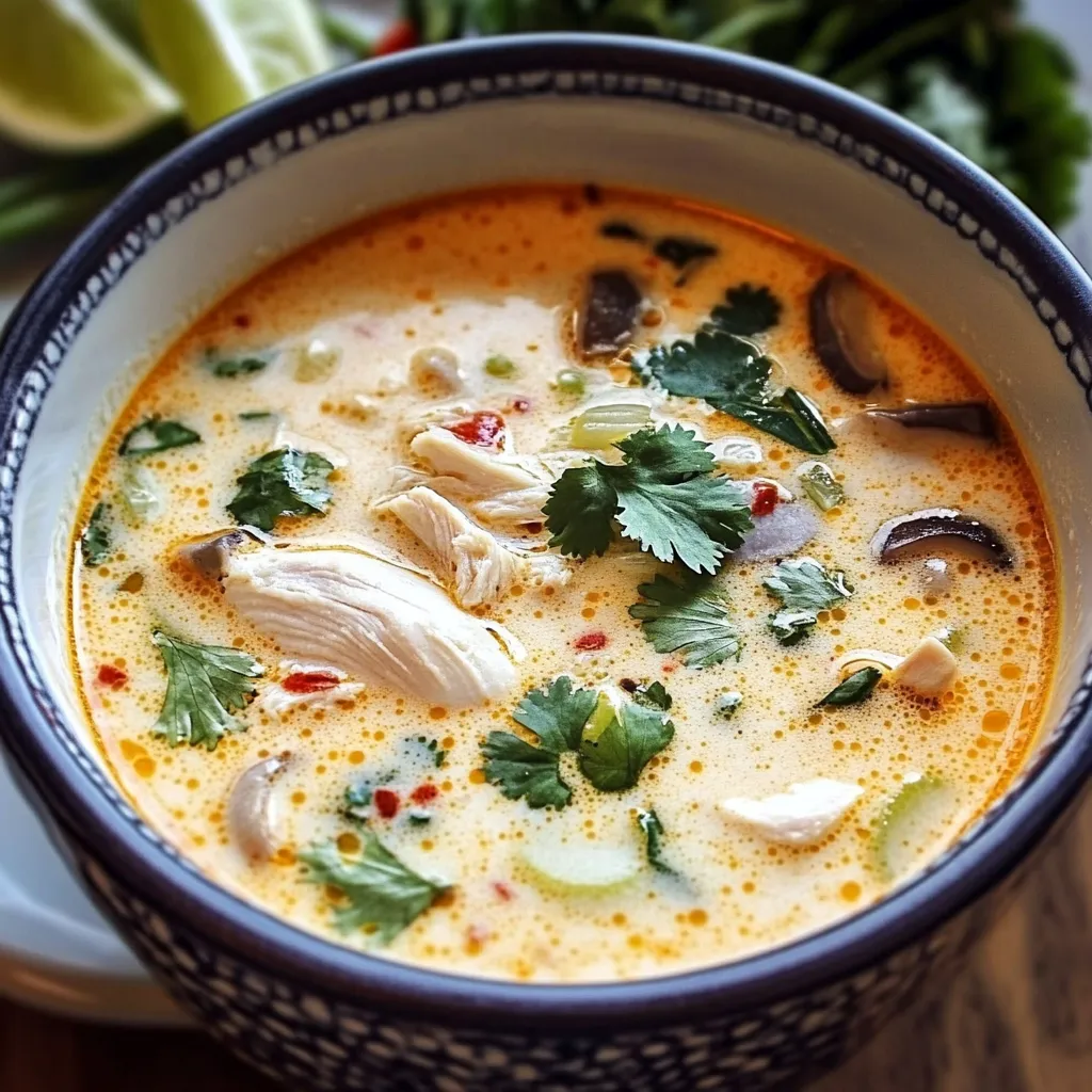 A bowl of Tom Kha Gai, a creamy Thai coconut chicken soup garnished with fresh cilantro and lime wedges.