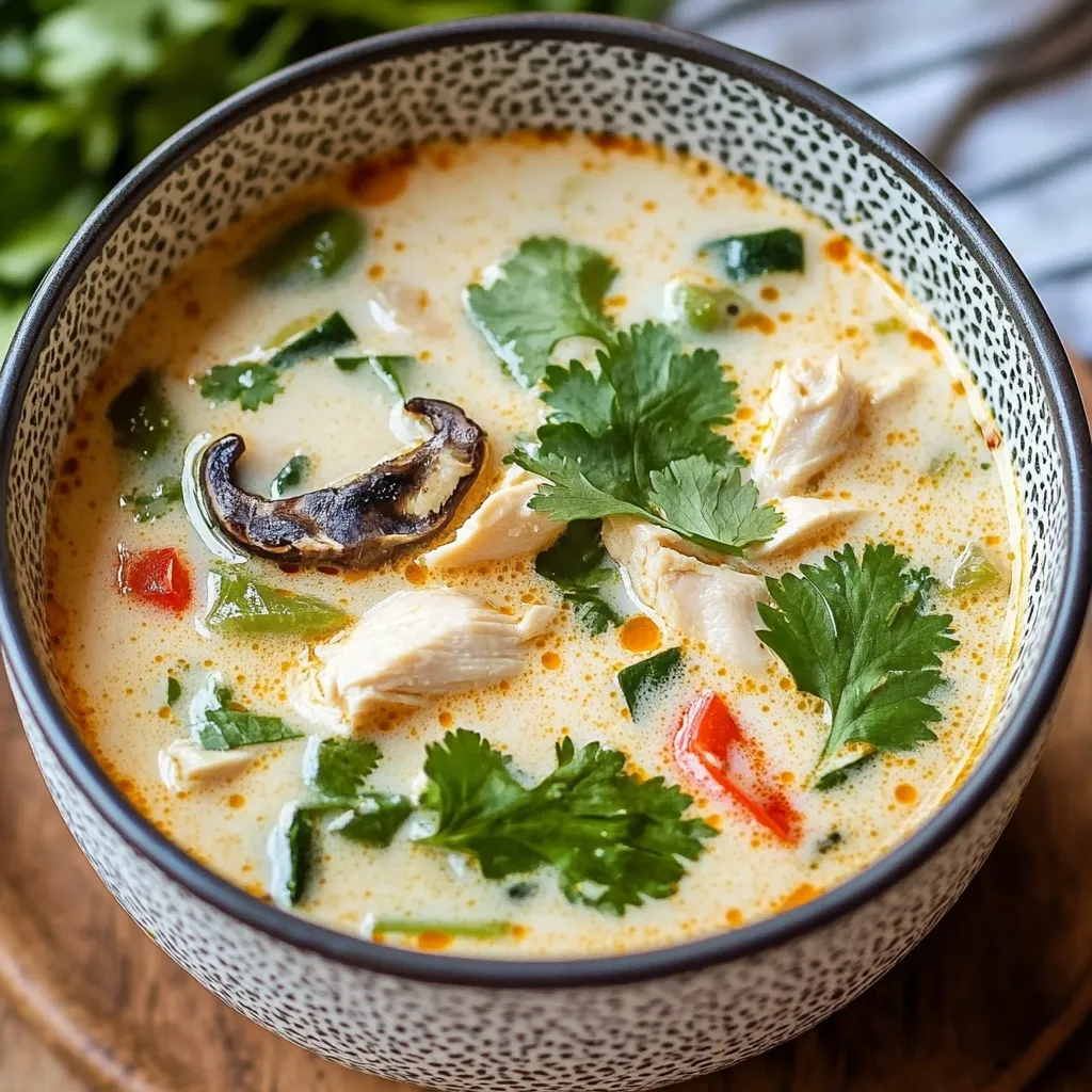 A bowl of Tom Kha Gai, a creamy Thai coconut chicken soup garnished with fresh cilantro and lime wedges.