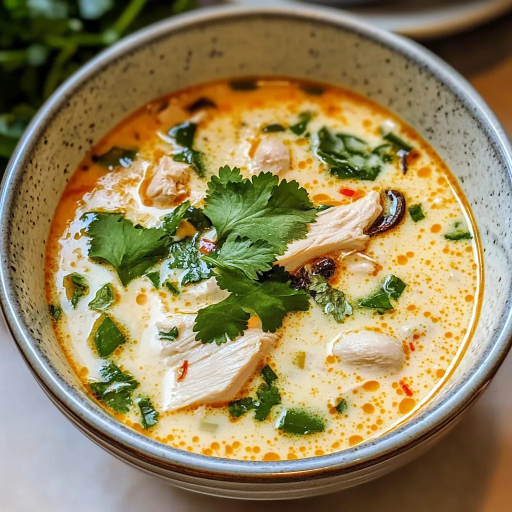 A bowl of Tom Kha Gai, a creamy Thai coconut chicken soup garnished with fresh cilantro and lime wedges.