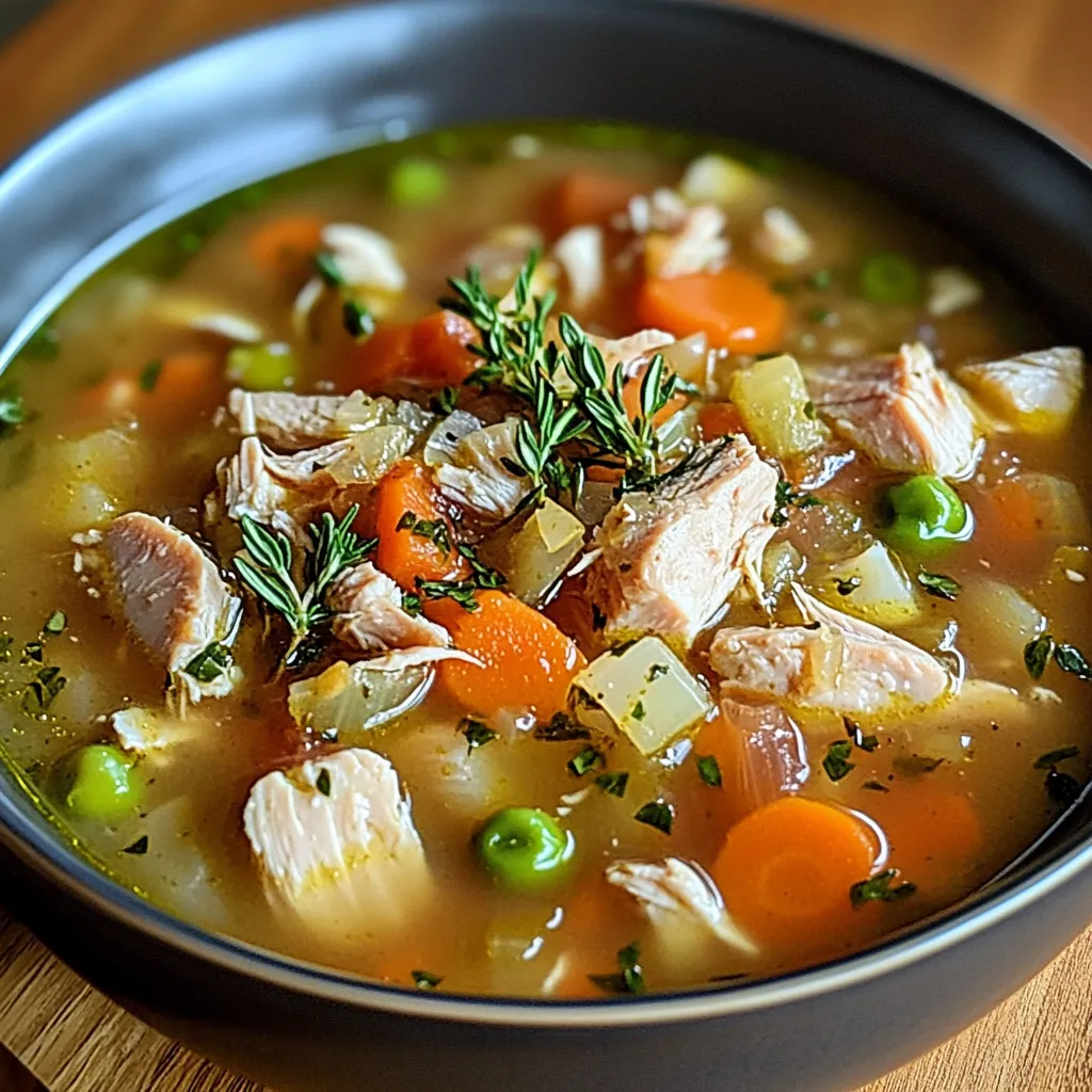 A bowl of homemade turkey soup garnished with fresh parsley, surrounded by slices of crusty bread.