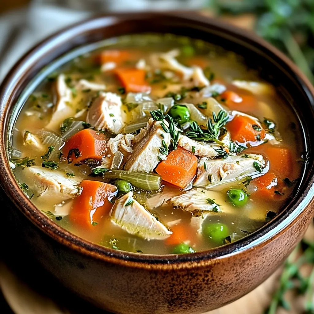 A bowl of homemade turkey soup garnished with fresh parsley, surrounded by slices of crusty bread.