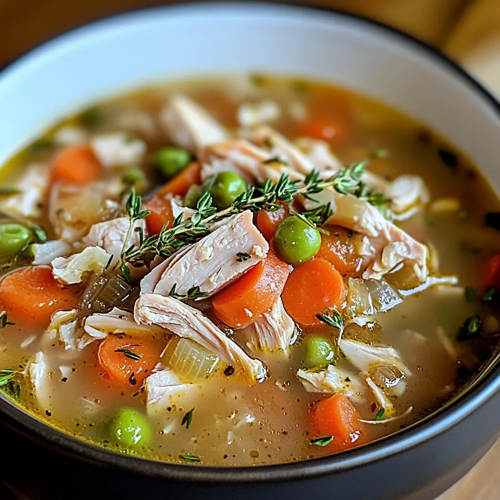 A bowl of homemade turkey soup garnished with fresh parsley, surrounded by slices of crusty bread.