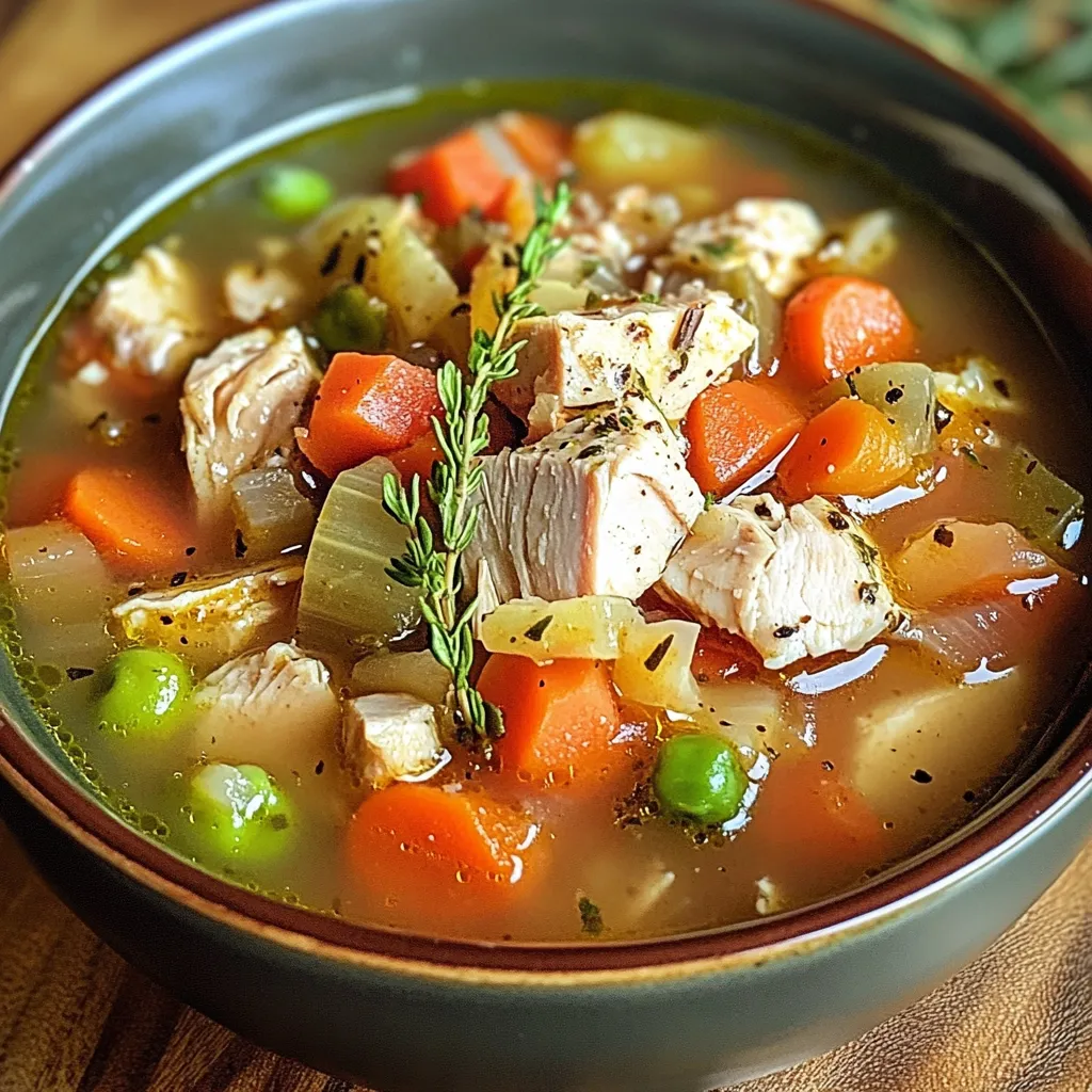 A bowl of homemade turkey soup garnished with fresh parsley, surrounded by slices of crusty bread.