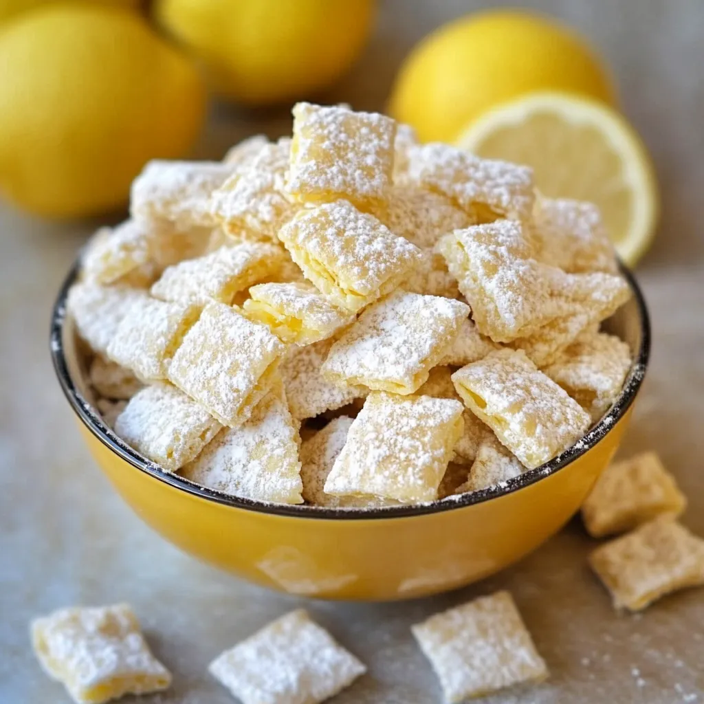 Zesty Lemonade Puppy Chow snack served in a bowl, coated with a powdered lemon-sugar mixture.