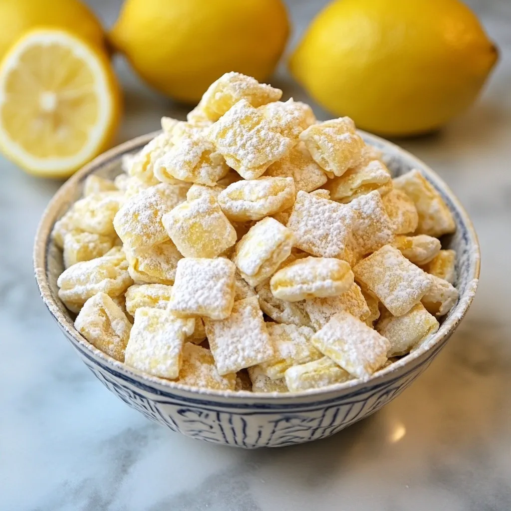 Zesty Lemonade Puppy Chow snack served in a bowl, coated with a powdered lemon-sugar mixture.

