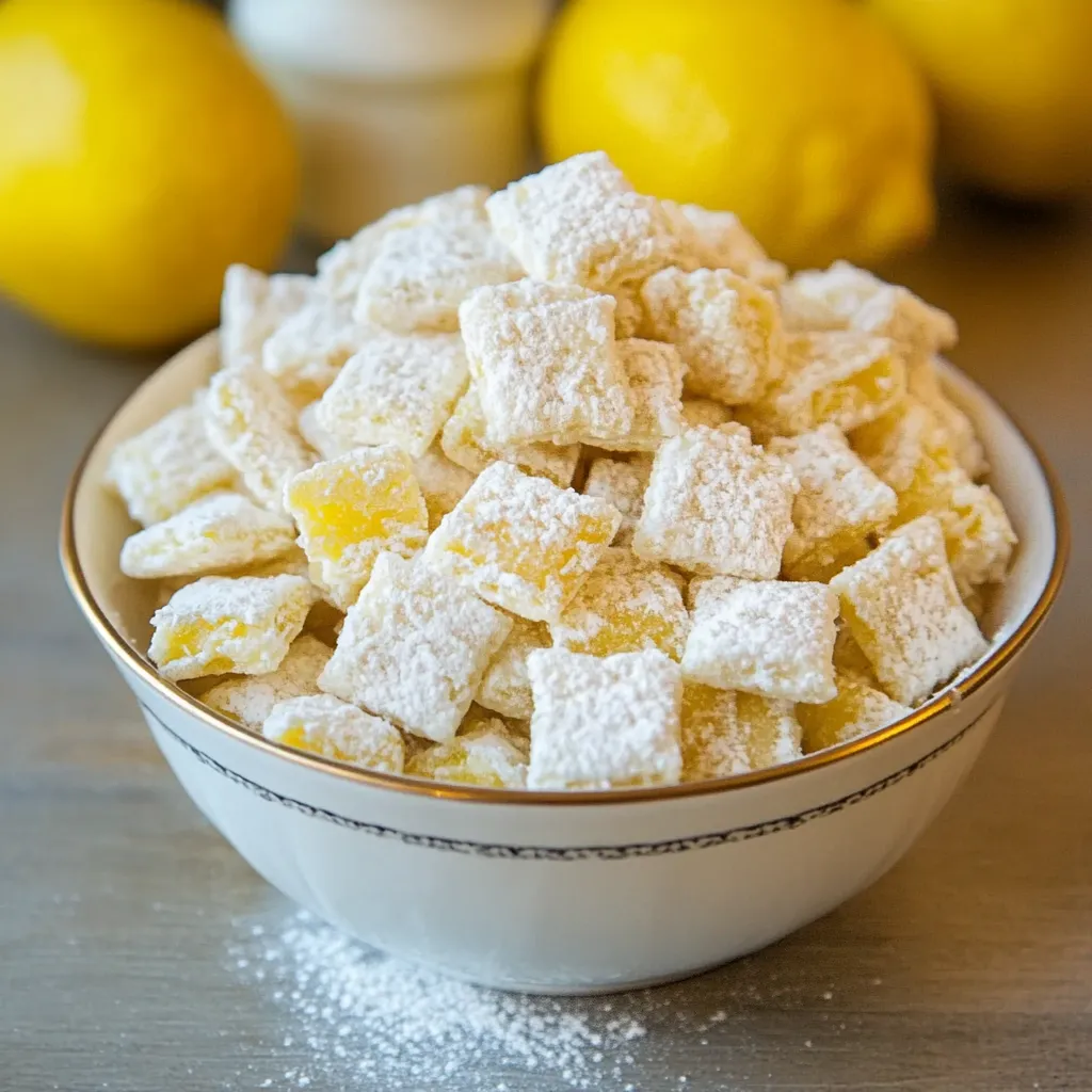 Zesty Lemonade Puppy Chow snack served in a bowl, coated with a powdered lemon-sugar mixture.

