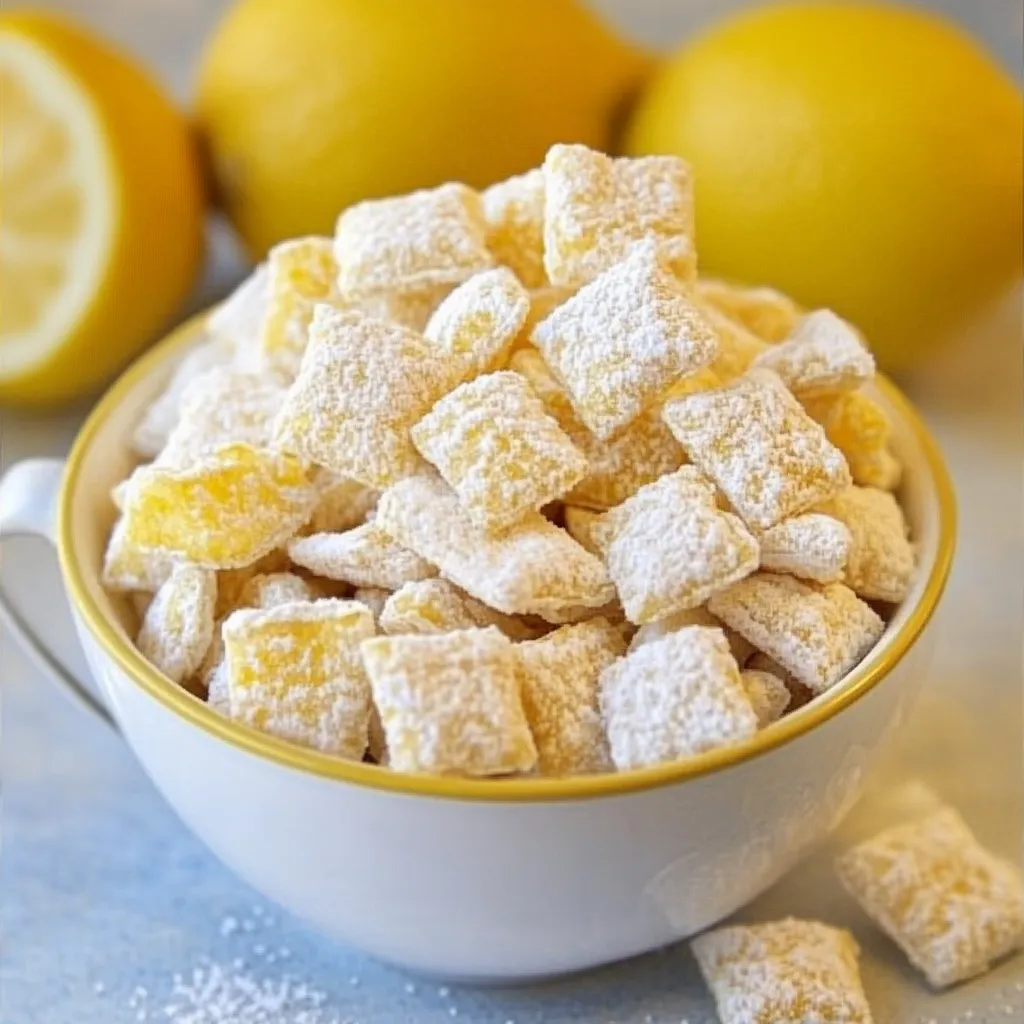 Zesty Lemonade Puppy Chow snack served in a bowl, coated with a powdered lemon-sugar mixture.

