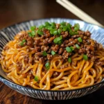 A bowl of Mongolian noodles with ground beef, garnished with green onions, served in a white dish on a wooden table.