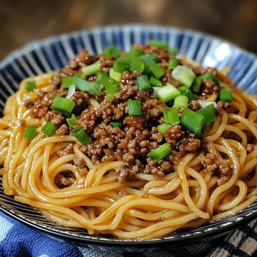 A bowl of Mongolian noodles with ground beef, garnished with green onions, served in a white dish on a wooden table.