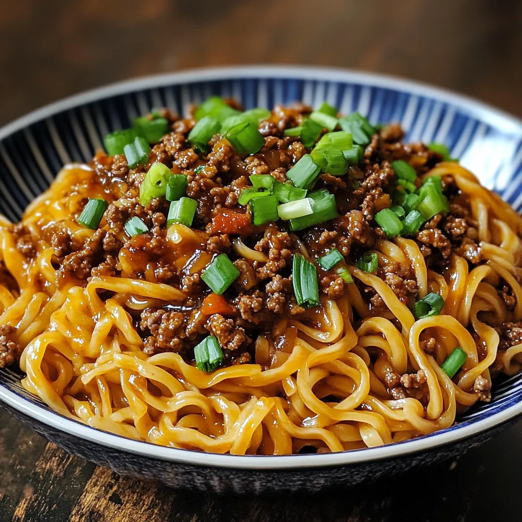 A bowl of Mongolian noodles with ground beef, garnished with green onions, served in a white dish on a wooden table.