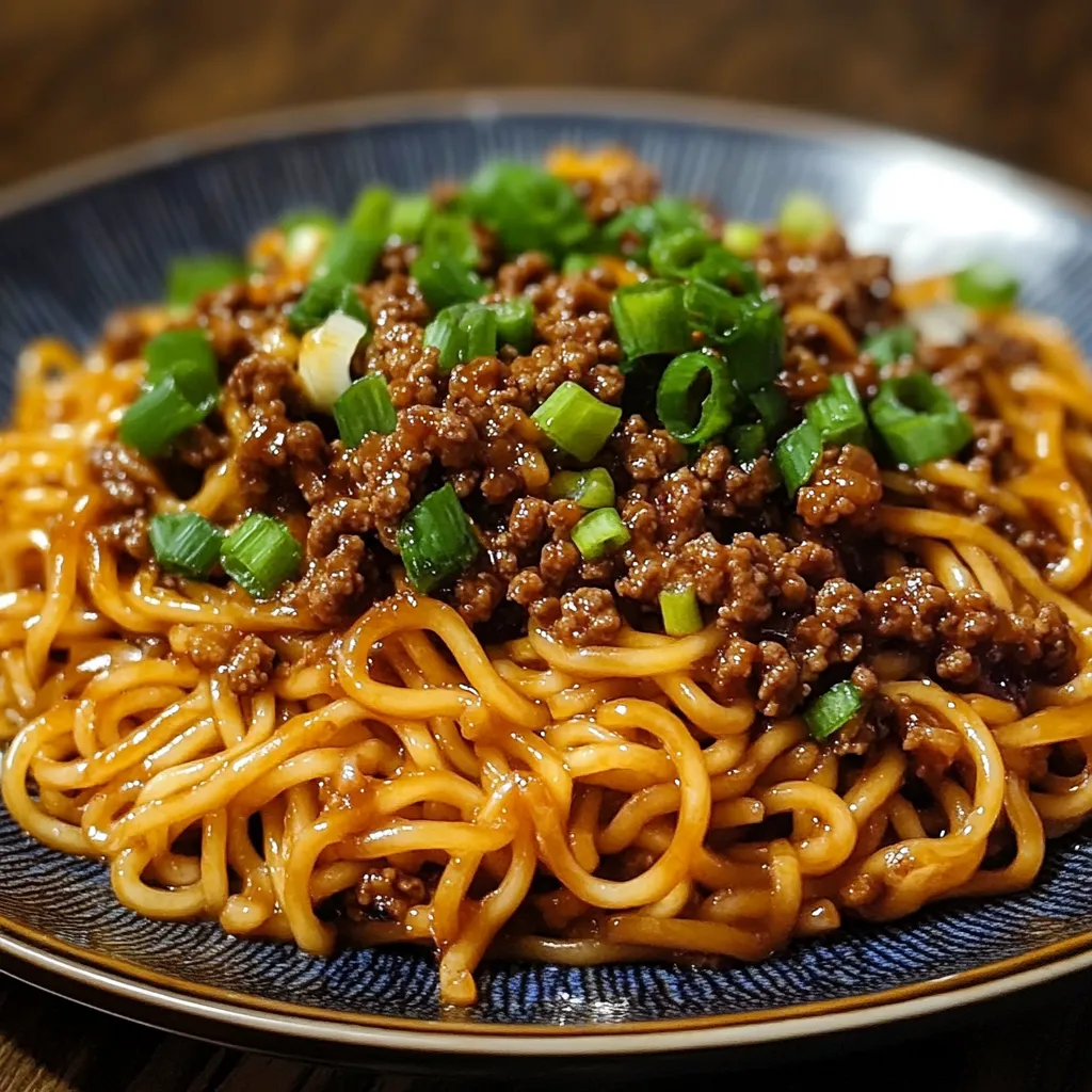 A bowl of Mongolian noodles with ground beef, garnished with green onions, served in a white dish on a wooden table.