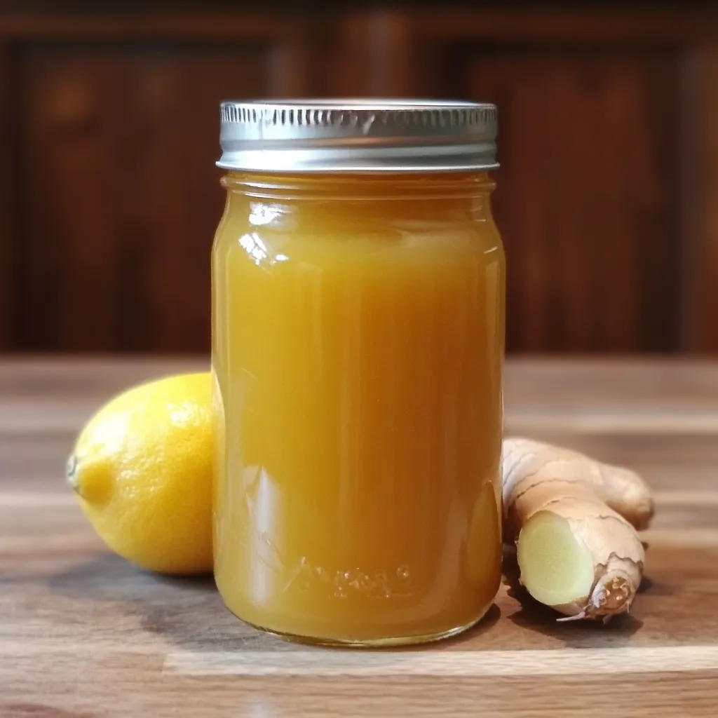 A jar of Amish "Amoxicillin" made with raw honey, garlic, ginger, and lemon, sitting on a rustic kitchen counter.