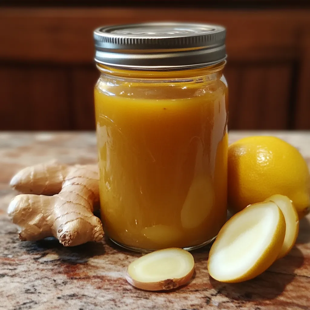 A jar of Amish "Amoxicillin" made with raw honey, garlic, ginger, and lemon, sitting on a rustic kitchen counter.