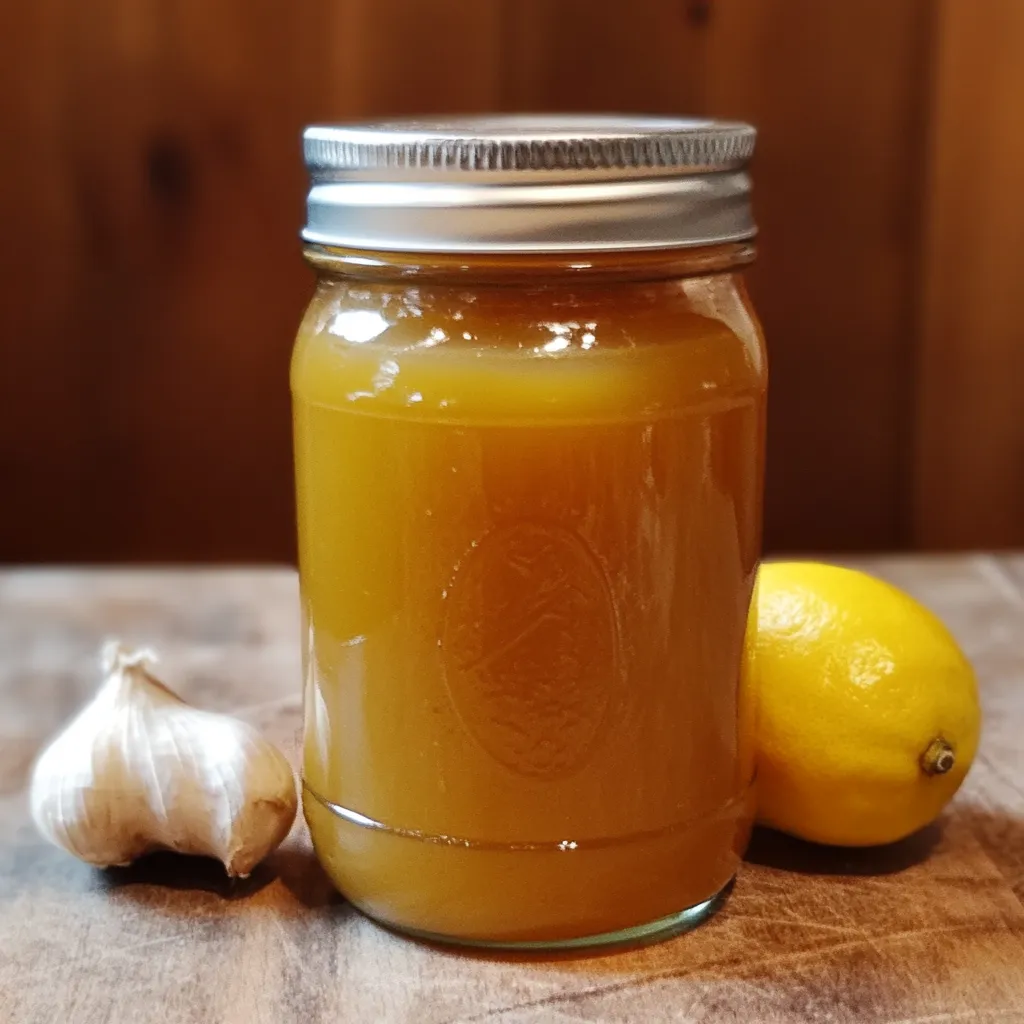 A jar of Amish "Amoxicillin" made with raw honey, garlic, ginger, and lemon, sitting on a rustic kitchen counter.