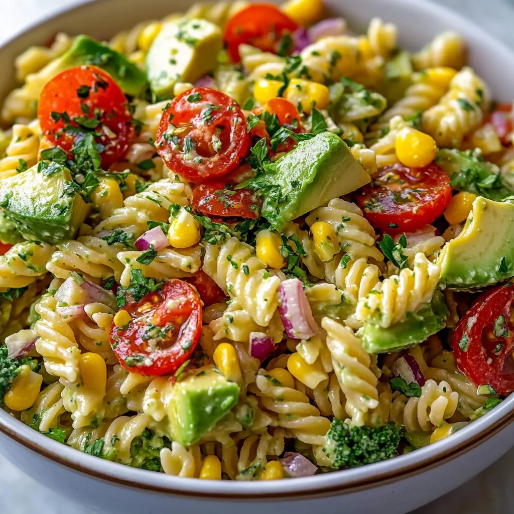 Avocado Corn Pasta Salad in a white bowl with cherry tomatoes, red onion, and fresh cilantro.