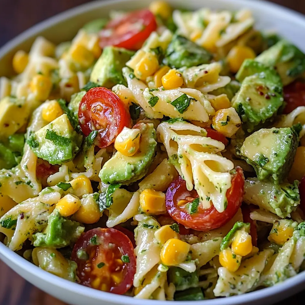 Avocado Corn Pasta Salad in a white bowl with cherry tomatoes, red onion, and fresh cilantro.