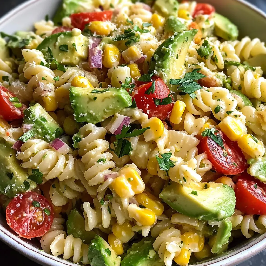 Avocado Corn Pasta Salad in a white bowl with cherry tomatoes, red onion, and fresh cilantro.