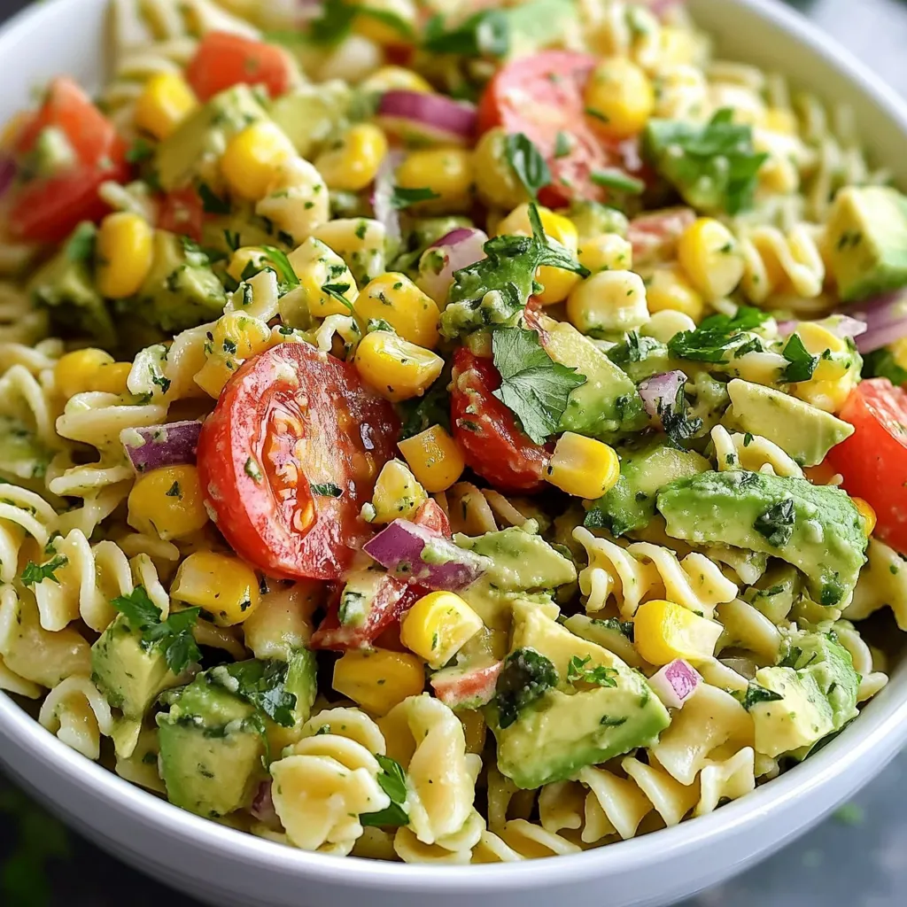 Avocado Corn Pasta Salad in a white bowl with cherry tomatoes, red onion, and fresh cilantro.