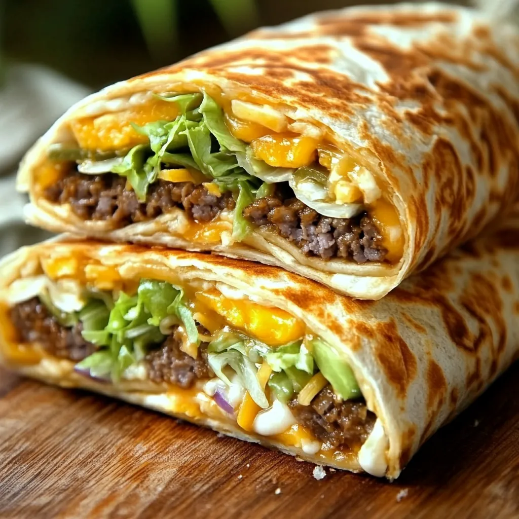 A delicious Big Mac Wrap sliced in half, showing layers of juicy beef, melted cheese, crisp lettuce, and tangy pickles wrapped in a soft tortilla.