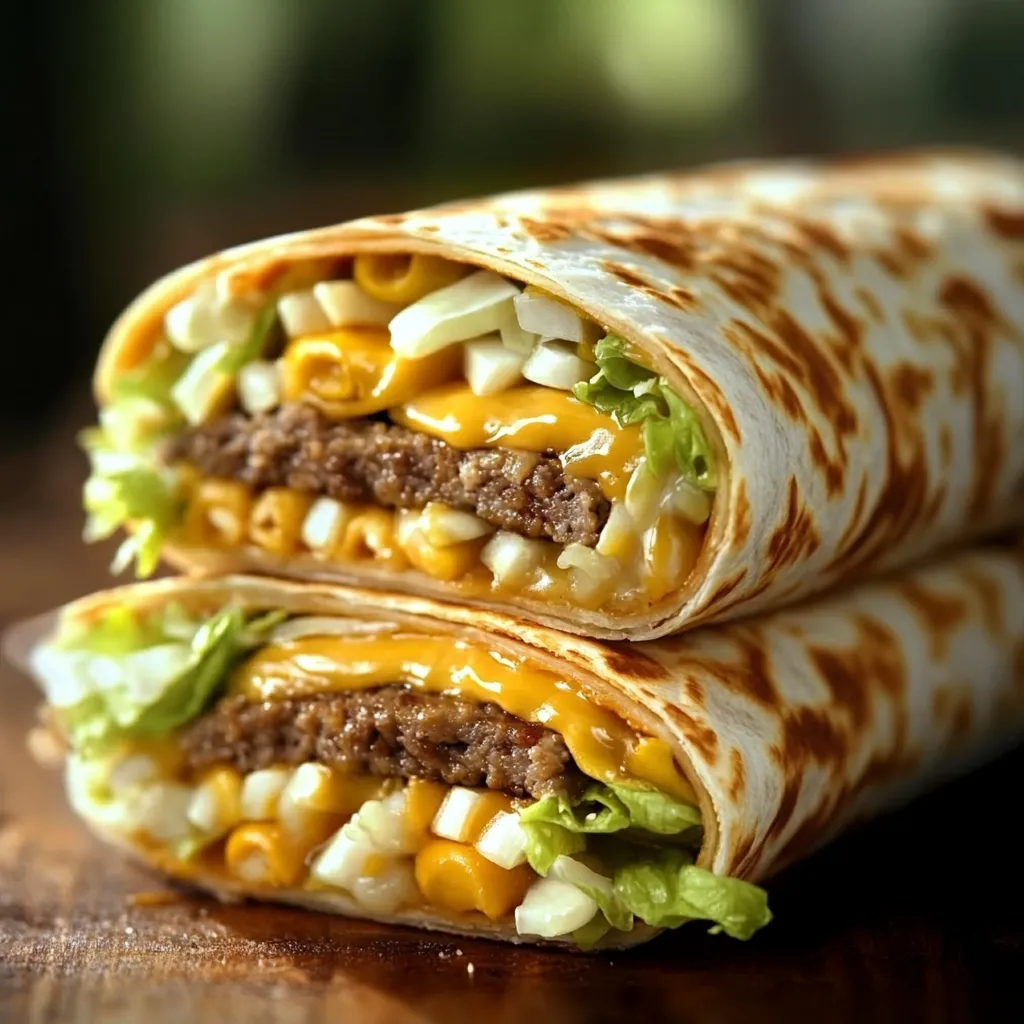 A delicious Big Mac Wrap sliced in half, showing layers of juicy beef, melted cheese, crisp lettuce, and tangy pickles wrapped in a soft tortilla.