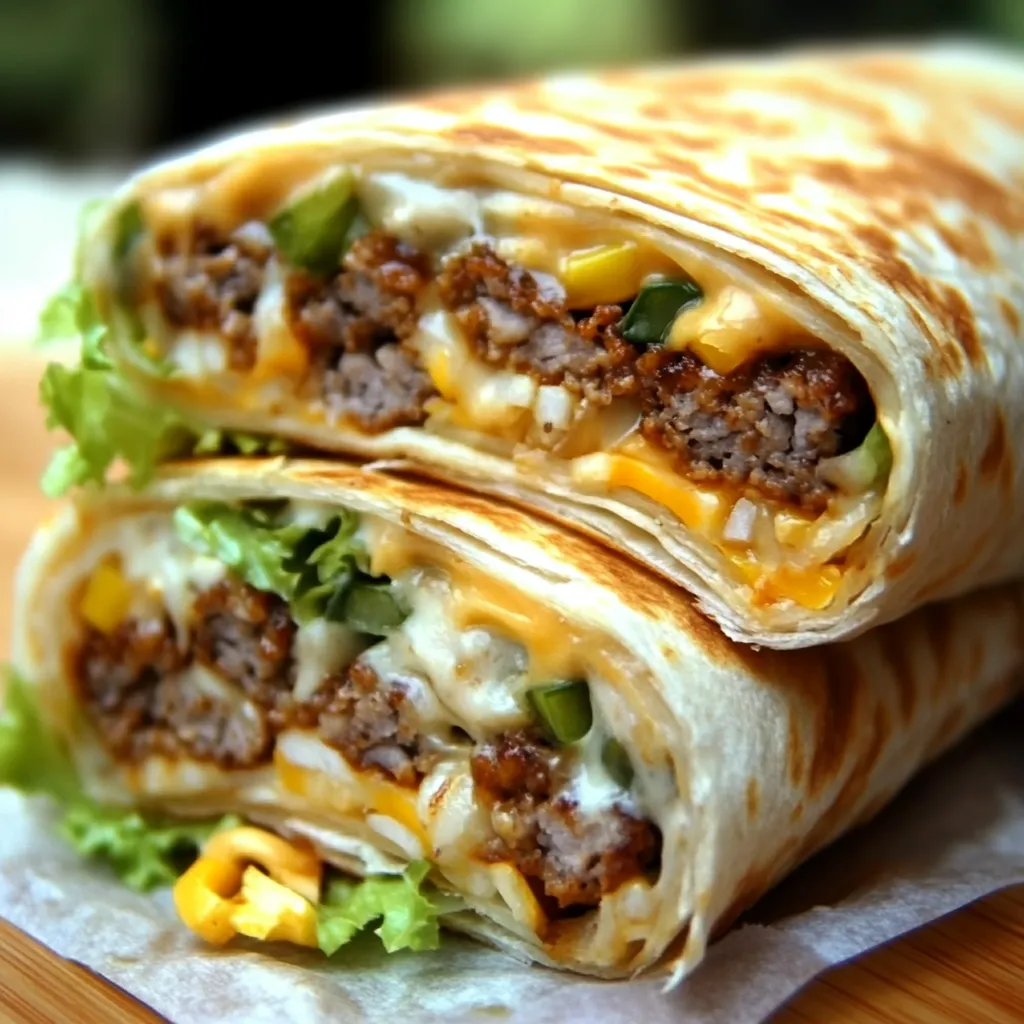 A delicious Big Mac Wrap sliced in half, showing layers of juicy beef, melted cheese, crisp lettuce, and tangy pickles wrapped in a soft tortilla.