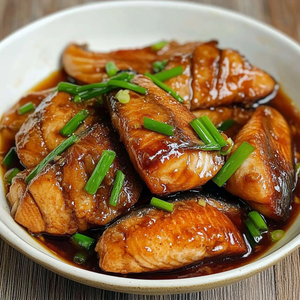 Tender braised fish fillet topped with green onions in a savory soy sauce, served on a white plate with rice.