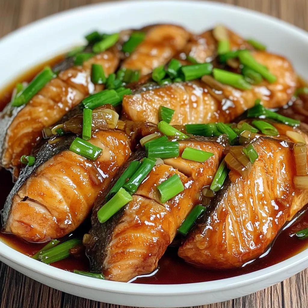 Tender braised fish fillet topped with green onions in a savory soy sauce, served on a white plate with rice.

