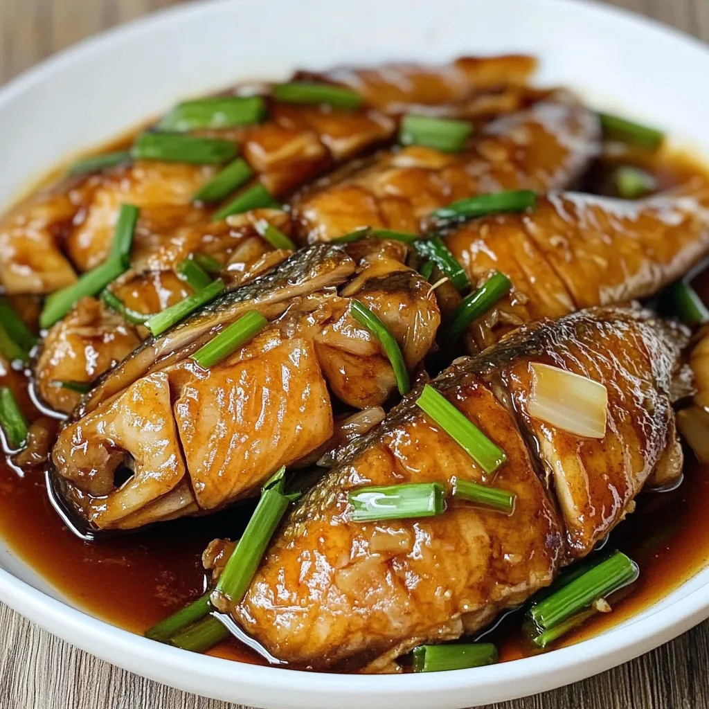 Tender braised fish fillet topped with green onions in a savory soy sauce, served on a white plate with rice.

