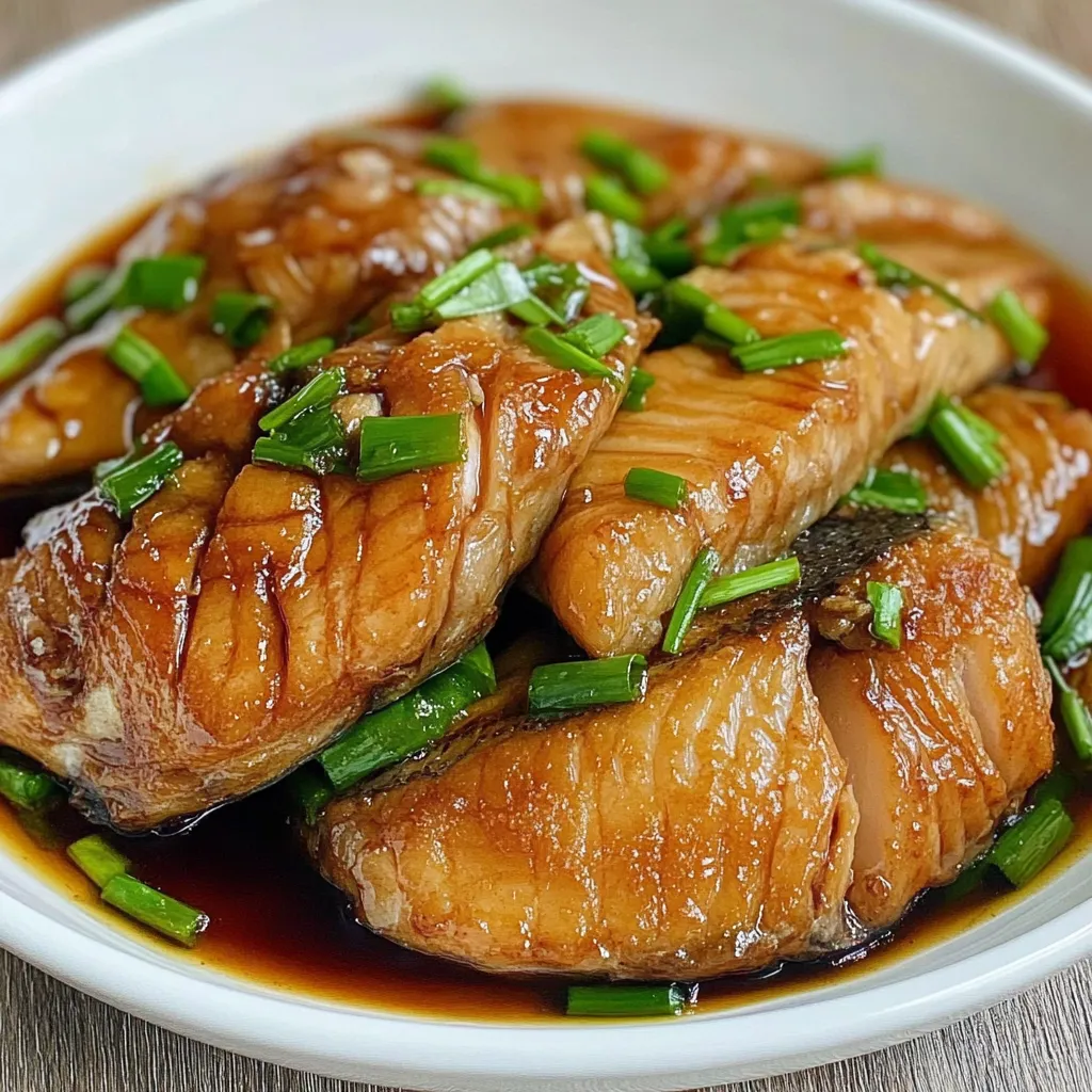 Tender braised fish fillet topped with green onions in a savory soy sauce, served on a white plate with rice.

