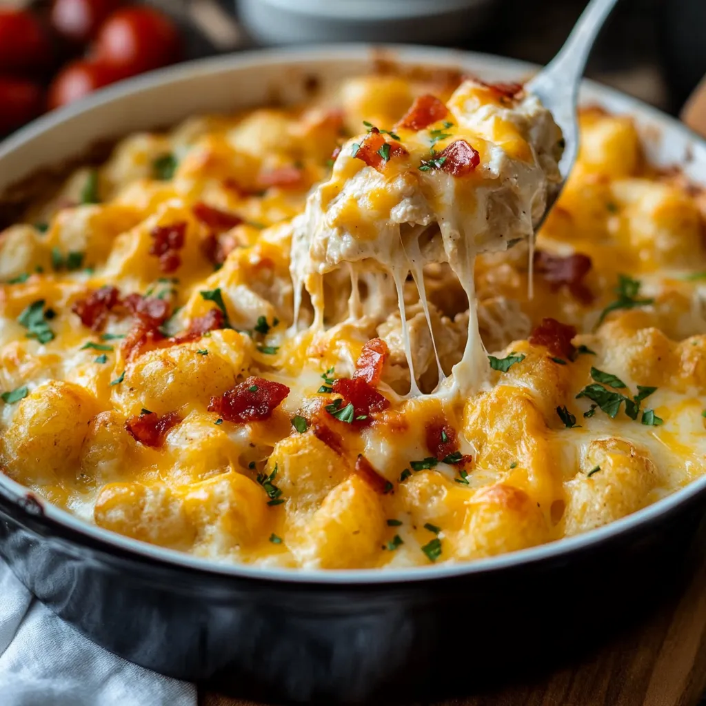 Golden Chicken Bacon Ranch Tater Tot Casserole with melted cheese and garnished with green onions.