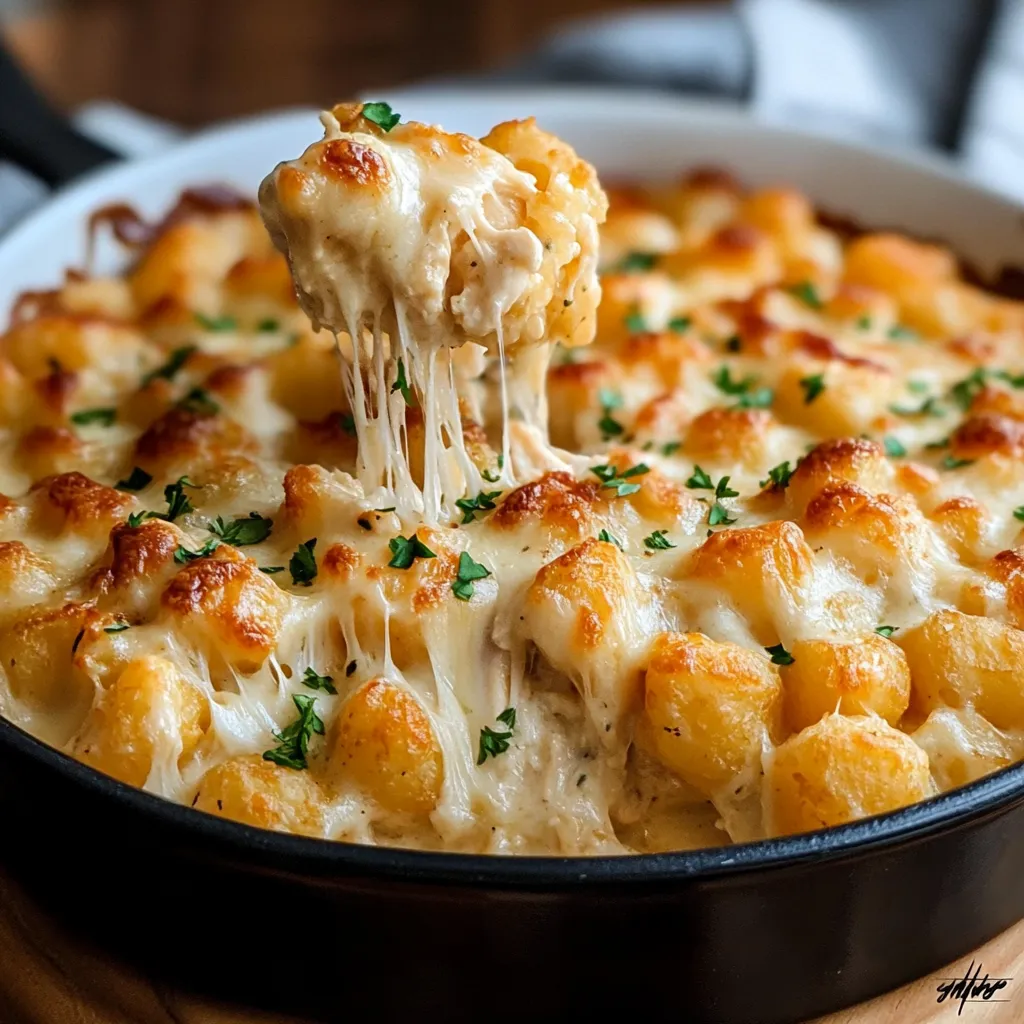 Golden Chicken Bacon Ranch Tater Tot Casserole with melted cheese and garnished with green onions.