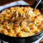 Golden Chicken Bacon Ranch Tater Tot Casserole with melted cheese and garnished with green onions.