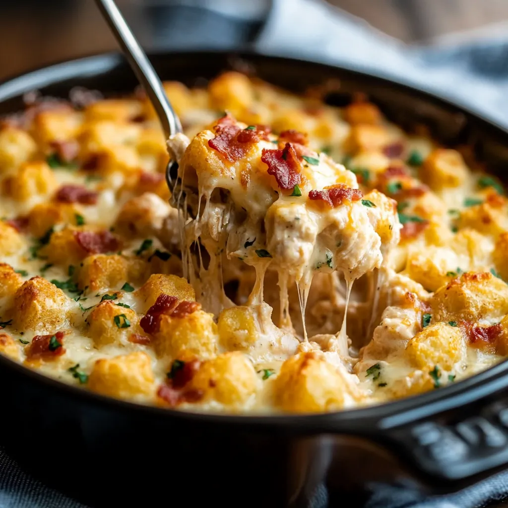 Golden Chicken Bacon Ranch Tater Tot Casserole with melted cheese and garnished with green onions.