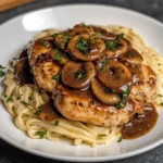 Chicken Marsala served with mushrooms in a creamy sauce, garnished with fresh parsley.