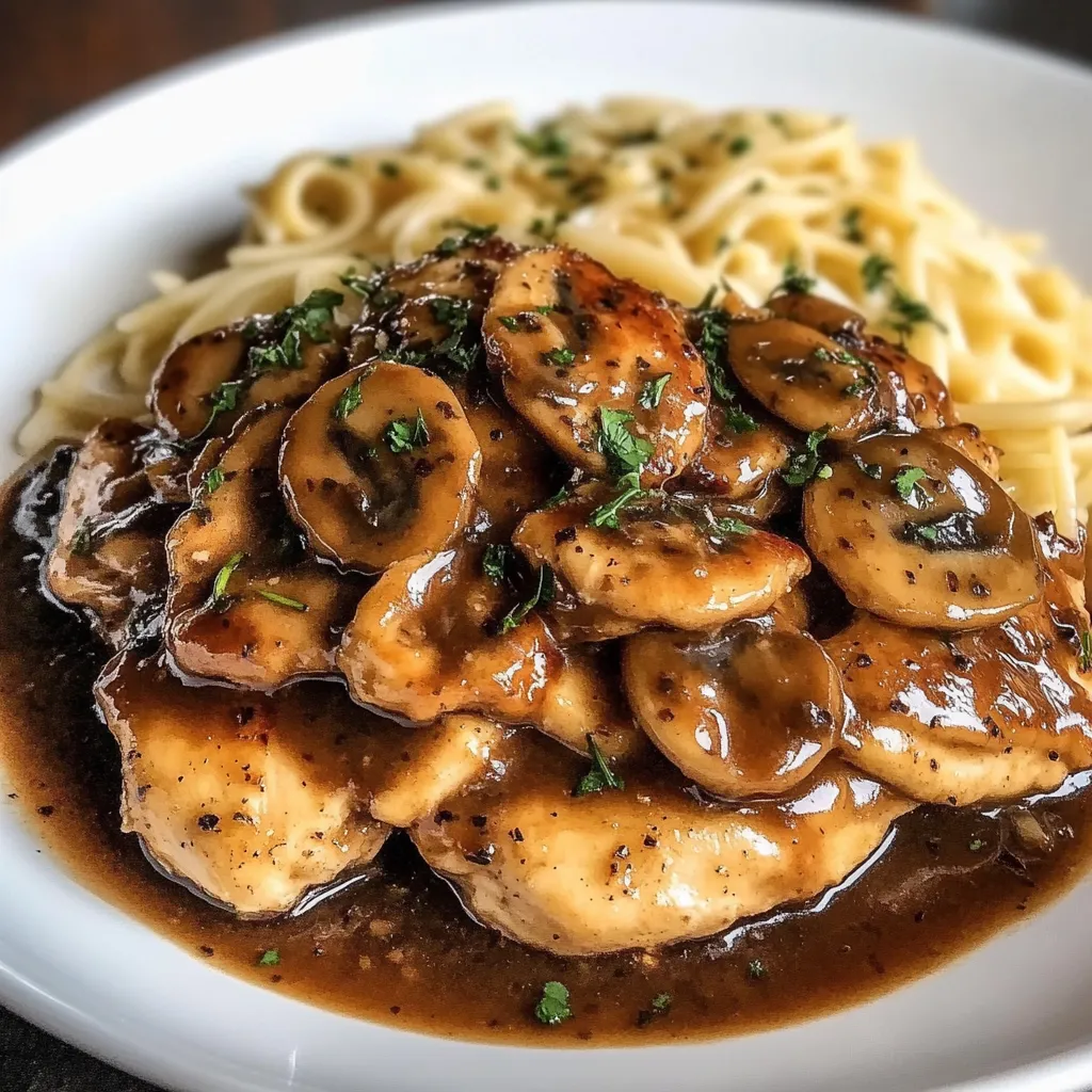 Chicken Marsala served with mushrooms in a creamy sauce, garnished with fresh parsley.