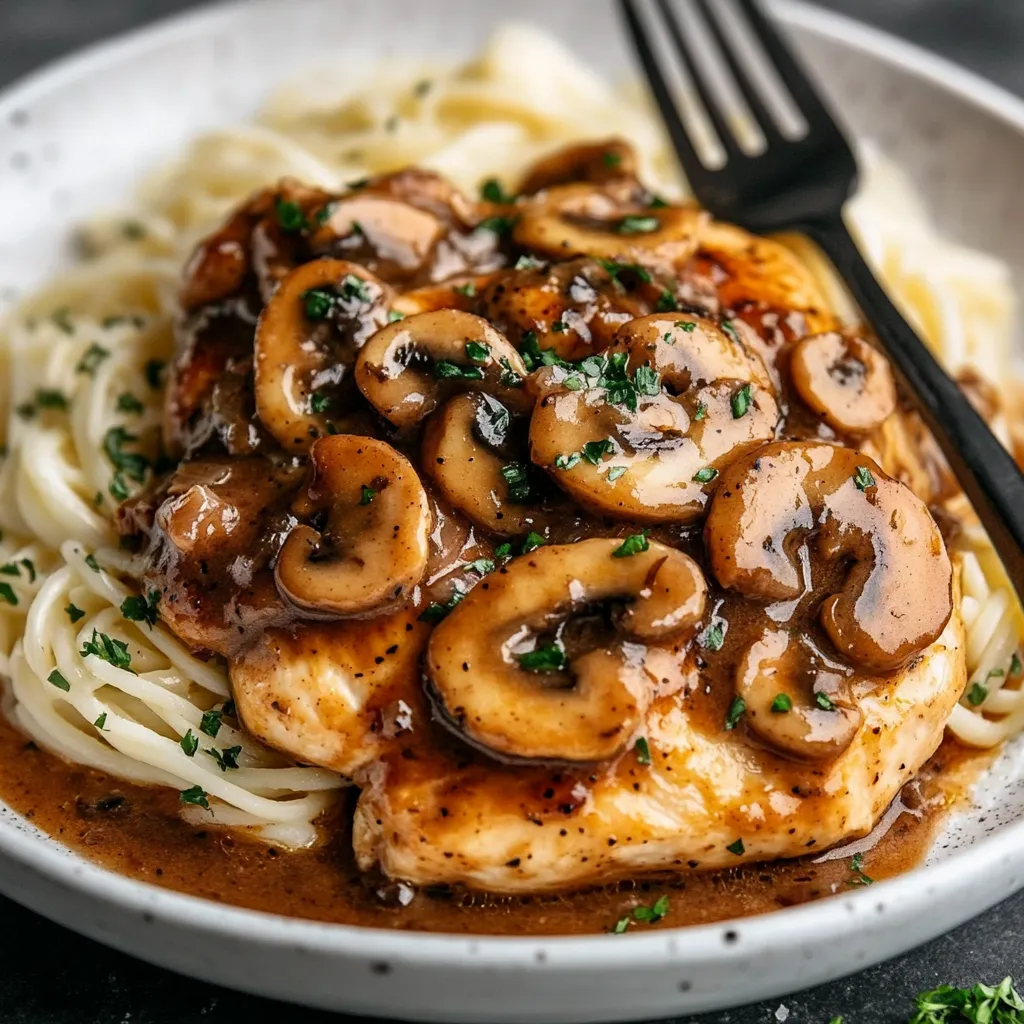 Chicken Marsala served with mushrooms in a creamy sauce, garnished with fresh parsley.