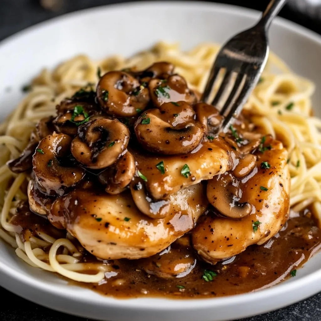 Chicken Marsala served with mushrooms in a creamy sauce, garnished with fresh parsley.