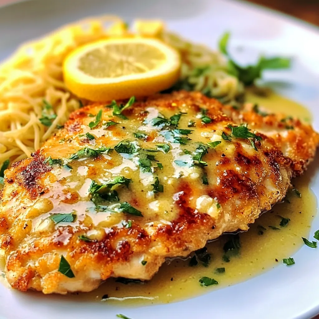 Golden-brown chicken breasts in a skillet, topped with a vibrant lemon-caper sauce and fresh parsley.