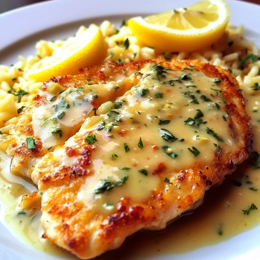 Golden-brown chicken breasts in a skillet, topped with a vibrant lemon-caper sauce and fresh parsley.