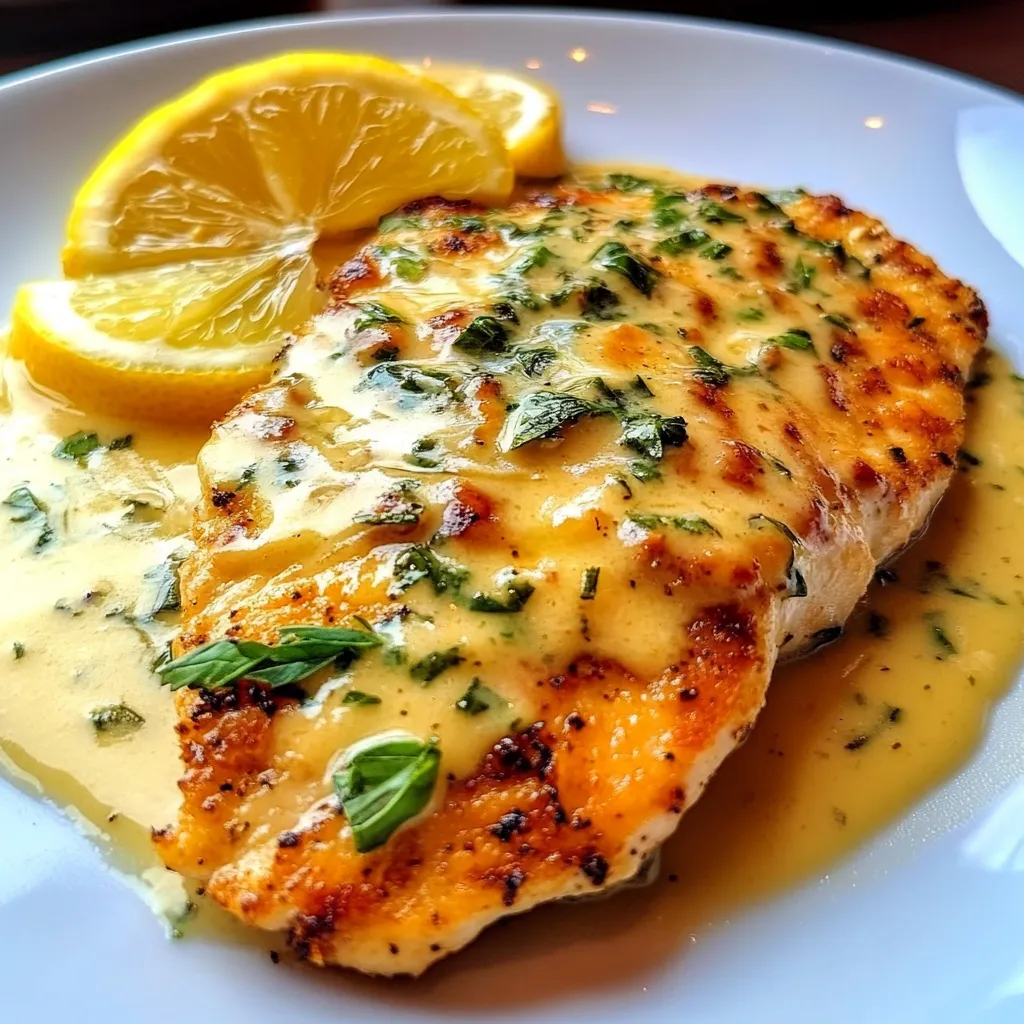 Golden-brown chicken breasts in a skillet, topped with a vibrant lemon-caper sauce and fresh parsley.