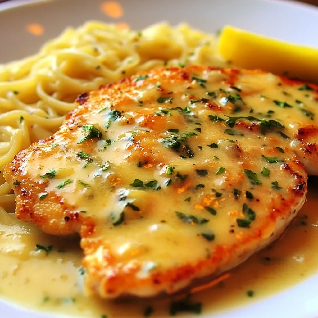 Golden-brown chicken breasts in a skillet, topped with a vibrant lemon-caper sauce and fresh parsley.