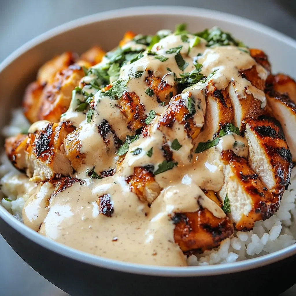 Chicken & Rice Bowls with creamy garlic sauce served with parsley and steamed broccoli.