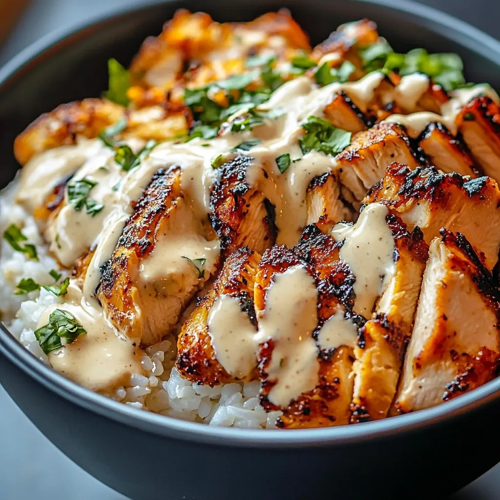 Chicken & Rice Bowls with creamy garlic sauce served with parsley and steamed broccoli.